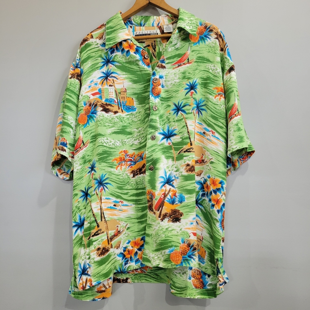 Presence Clothing Co Hawaiian Shirt Men XL Green Palm Trees Rayon Button Down